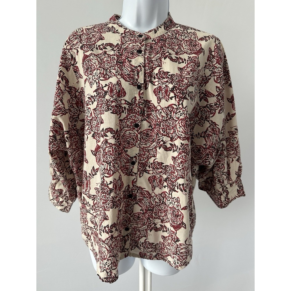 Lollys Laundry Copenhagen, Sz: M Tan Maroon Floral Cotton Casual Shirt (b42)